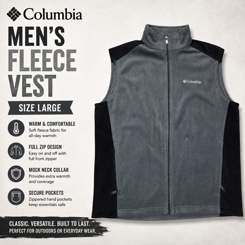 Columbia Men's Fleece Vest Gray Black Full Zip Mock Neck Size Large